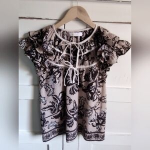 Bindu Women's Boho Beige Black Floral Ruffled Cap Sleeve | Tie Front Top | Small